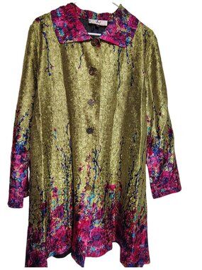 Rossi Roma XL Crinkle Fabric Satin Jacket, Green Purple Pink Accents Art to Wear